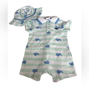 NWOT Little Beginnings Baby Whale Romper with Hat in Blue/White/Mint in size 3-6